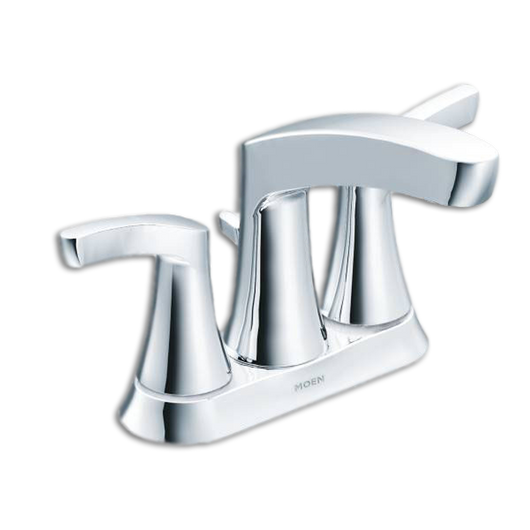 Mezcladora de dos manerales para lavabo de 4” con desagüe automático.